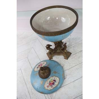 Niebieski Porcelanowy Wazon z Przykrywką Waza Secesja Porcelana Brąz Ozdoba