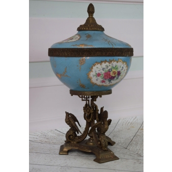 Niebieski Porcelanowy Wazon z Przykrywką Waza Secesja Porcelana Brąz Ozdoba