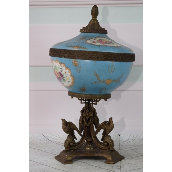 Niebieski Porcelanowy Wazon z Przykrywką Waza Secesja Porcelana Brąz Ozdoba