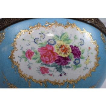 Niebieski Porcelanowy Wazon z Przykrywką Waza Secesja Porcelana Brąz Ozdoba