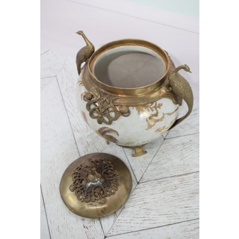 Biały Wazon Porcelanowy - Waza Porcelana z Brązem - Kogut Paw - Dekoracja