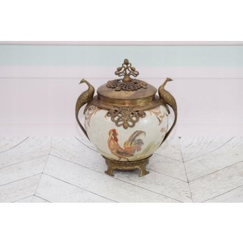 Biały Wazon Porcelanowy - Waza Porcelana z Brązem - Kogut Paw - Dekoracja