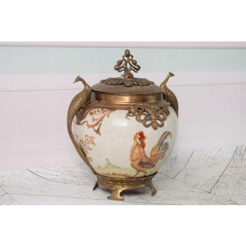 Biały Wazon Porcelanowy - Waza Porcelana z Brązem - Kogut Paw - Dekoracja