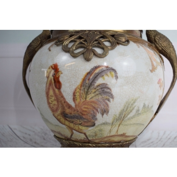 Biały Wazon Porcelanowy - Waza Porcelana z Brązem - Kogut Paw - Dekoracja