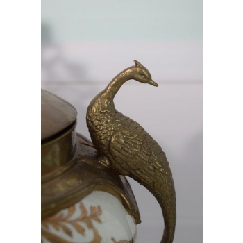 Biały Wazon Porcelanowy - Waza Porcelana z Brązem - Kogut Paw - Dekoracja