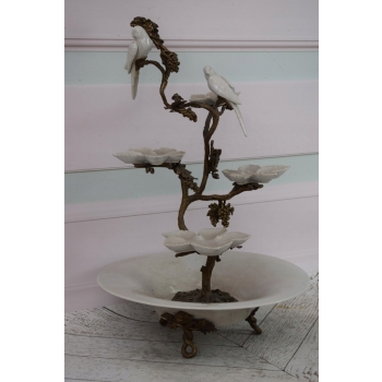 Piętrowa Porcelanowa Patera - Porcelana + Brąz - Papugi - Dekoracja Ozdoba