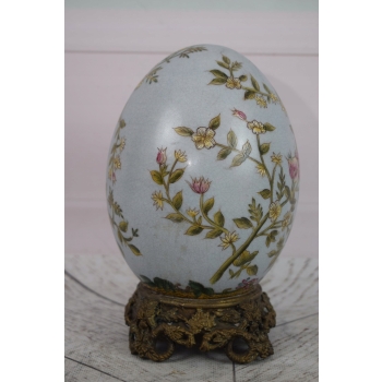 Niebieskie Porcelanowe Jajo Perłowe - Porcelana + Brąz - Kolorowe Kwiaty