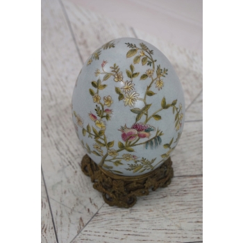 Niebieskie Porcelanowe Jajo Perłowe - Porcelana + Brąz - Kolorowe Kwiaty
