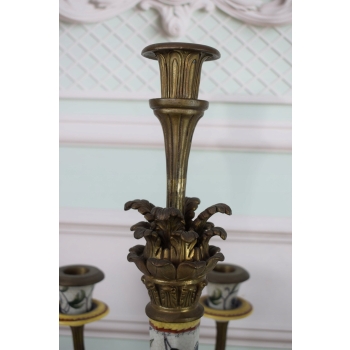 Pałacowy Świecznik z Porcelany - Secesja - Porcelana + Brąz - Kwiaty Ozdoba