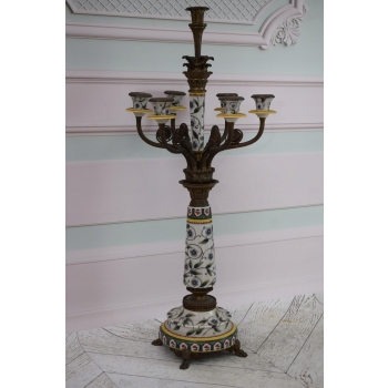 Pałacowy Świecznik z Porcelany - Secesja - Porcelana + Brąz - Kwiaty Ozdoba