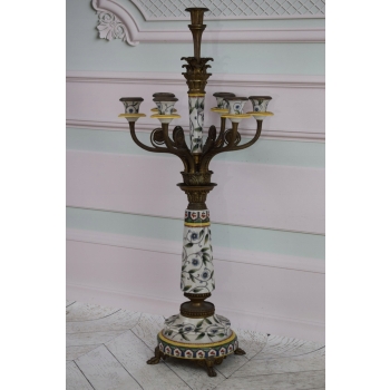 Pałacowy Świecznik z Porcelany - Secesja - Porcelana + Brąz - Kwiaty Ozdoba