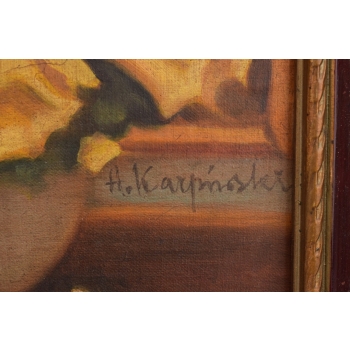 A. KARPIŃSKI - Żółte Kwiaty w Wazonie - Martwa Natura - Stary Obraz Olejny