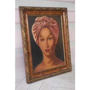 T De Łempicka - Portret Kobiety w Różowej Chuście - Obraz Olejny z Francji