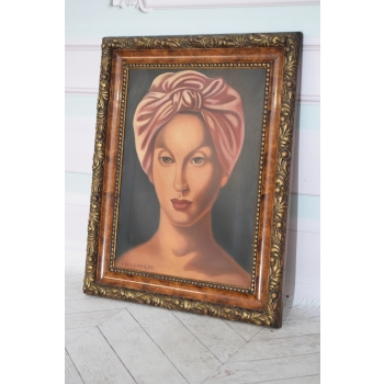 T De Łempicka - Portret Kobiety w Różowej Chuście - Obraz Olejny z Francji