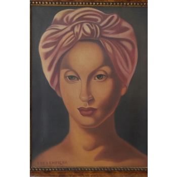 T De Łempicka - Portret Kobiety w Różowej Chuście - Obraz Olejny z Francji