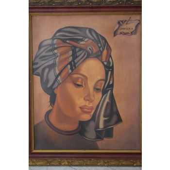 T De Łempicka - Portret Kobiety w Chuście na Głowie - Obraz Olejny