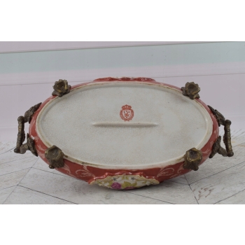 Czerwona Porcelanowa Patera - Owocnik Misa - Porcelana + Brąz Kwiaty Ozdoba