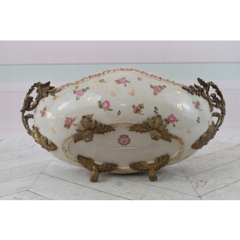 Biała Porcelanowa Patera - Misa Waza - Porcelana + Brąz - Różowe Kwiaty