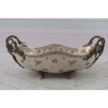 Biała Porcelanowa Patera - Misa Waza - Porcelana + Brąz - Różowe Kwiaty