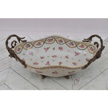 Biała Porcelanowa Patera - Misa Waza - Porcelana + Brąz - Różowe Kwiaty