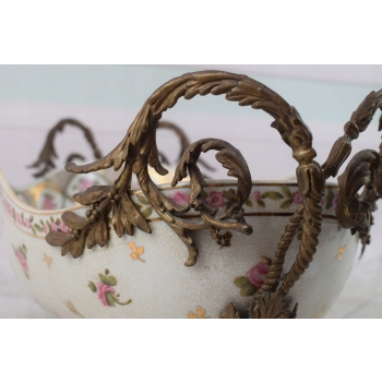 Biała Porcelanowa Patera - Misa Waza - Porcelana + Brąz - Różowe Kwiaty