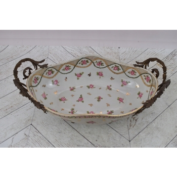 Biała Porcelanowa Patera - Misa Waza - Porcelana + Brąz - Różowe Kwiaty