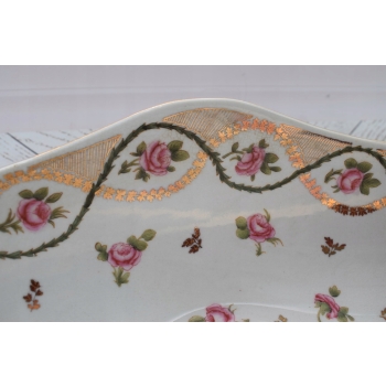 Biała Porcelanowa Patera - Misa Waza - Porcelana + Brąz - Różowe Kwiaty