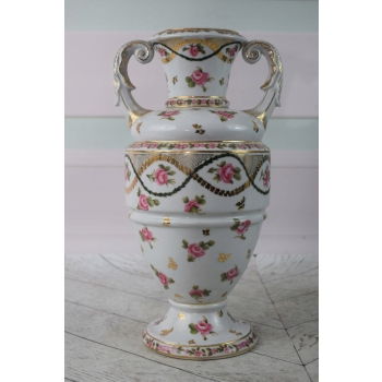 Porcelanowy Wazon - Biała Waza Amfora - Różowe Kwiaty - Ręcznie Malowana