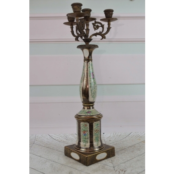 Pałacowy Świecznik z Porcelany - Secesja - Porcelana + Brąz - Kwiaty Ozdoba
