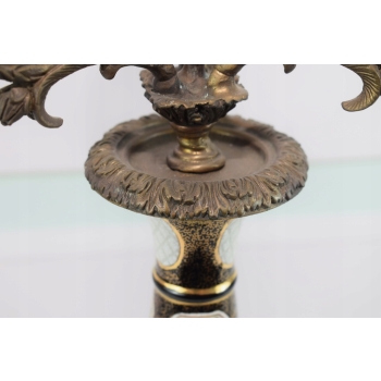 Pałacowy Świecznik z Porcelany - Secesja - Porcelana + Brąz - Kwiaty Ozdoba