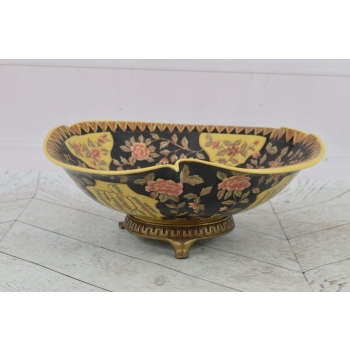 Porcelanowa Patera - Stojak Na Owoce - Porcelana + Brąz - Kwiaty Czarna