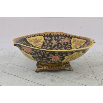 Porcelanowa Patera - Stojak Na Owoce - Porcelana + Brąz - Kwiaty Czarna