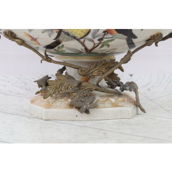 Biała Porcelanowa Patera - Misa Waza - Porcelana + Brąz - Ptaki Ozdoba