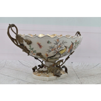 Biała Porcelanowa Patera - Misa Waza - Porcelana + Brąz - Ptaki Ozdoba