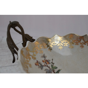Biała Porcelanowa Patera - Misa Waza - Porcelana + Brąz - Ptaki Ozdoba