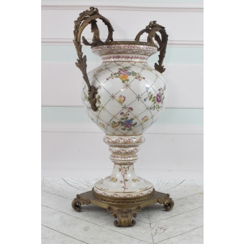 Biały Porcelanowy Wazon Secesja - Amfora Waza - Porcelana + Brąz - Kwiaty