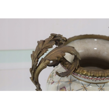 Biały Porcelanowy Wazon Secesja - Amfora Waza - Porcelana + Brąz - Kwiaty