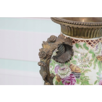 Porcelanowy Kwiecisty Wazon - Amfora Waza - Porcelana Brąz Kolorowe Kwiaty
