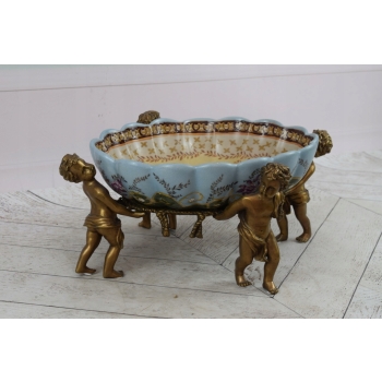 Cztery Amory Trzymające Patere - Patera Porcelana + Figury z Brązu