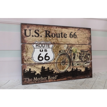 Drewniany Szyld - Route 66 US - Motor Motocykl - Ozdoba Prezent Zawieszka