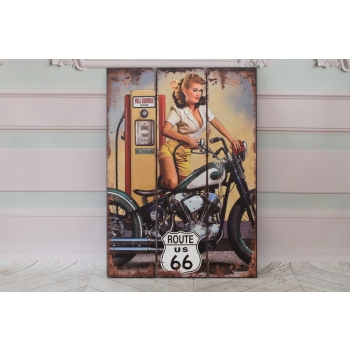 Drewniany Szyld - Route 66 US - Kobieta - Stacja Paliw - Motor Motocykl