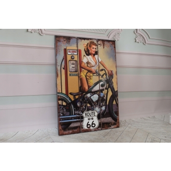 Drewniany Szyld - Route 66 US - Kobieta - Stacja Paliw - Motor Motocykl
