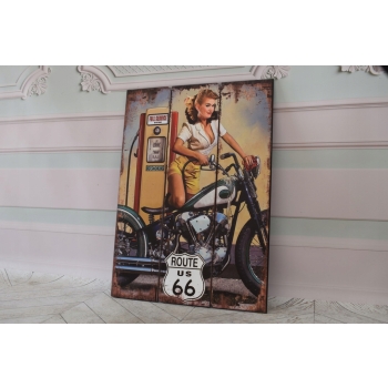 Drewniany Szyld - Route 66 US - Kobieta - Stacja Paliw - Motor Motocykl