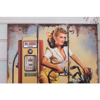 Drewniany Szyld - Route 66 US - Kobieta - Stacja Paliw - Motor Motocykl