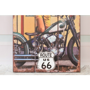 Drewniany Szyld - Route 66 US - Kobieta - Stacja Paliw - Motor Motocykl