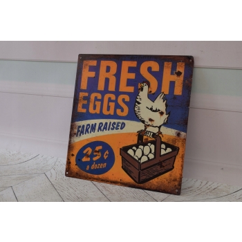Blaszany Szyld - Fresh Eggs - Świeże Jajka Jaja - Farma Kury Reklama Ozdoba