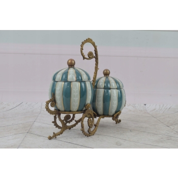 Dwupoziomowa Szkatuła z Porcelany - Porcelana + Brąz - Bomboniera Ozdoba