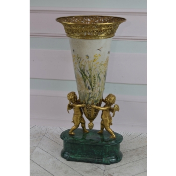 Pałacowy Porcelanowy Wazon - Waza - Złote Anioły - Porcelana + Brąz Ozdoba