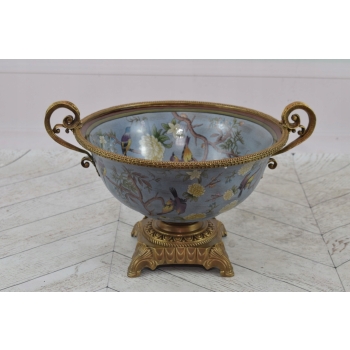 Niebieska Porcelanowa Patera - Porcelana + Brąz - Owocnik - Ptaki - Ozdoba