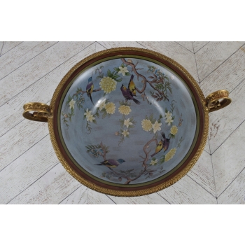 Niebieska Porcelanowa Patera - Porcelana + Brąz - Owocnik - Ptaki - Ozdoba